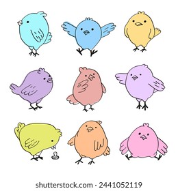 Collection of bright chicken elements in doodle style. Vintage vector illustration of birds. Line set of elements for Easter decor.
