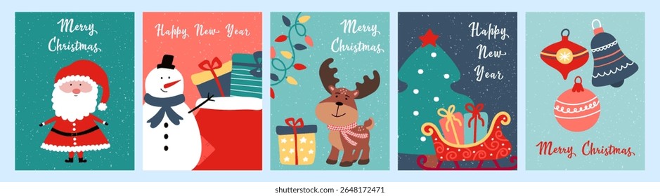 Coleção de cartões de Natal e Ano Novo brilhantes com Papai Noel, boneco de neve, veado, trenó, presentes e decorações. Vetor.