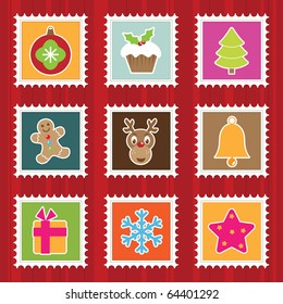 collection of bright christmas stamps with motifs