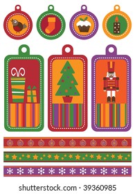 collection of bright christmas tags and borders with gifts, tree, and nutcracker