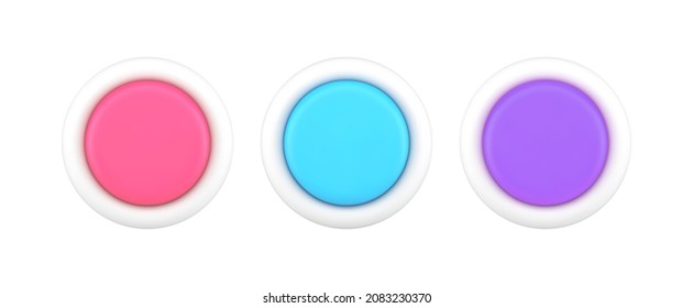 Collection bright circled button multicolored indicator with white frame 3d icon design template vector illustration. Set multicolored switch device electronic power badge for control panel isolated