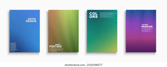 Colección de carteles de diseño abstracto de color brillante, Plantillas, carteles, folletos, Anuncios, volantes, fondos. Cubiertas de degradado semitono de degradado brillante. Tarjetas de visita minimalistas