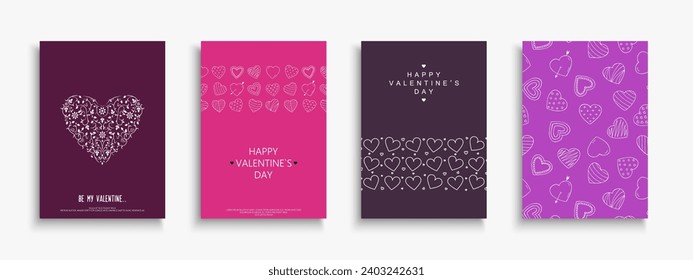 Collection of bright color holiday greeting covers, posters, magazine,  invitation, tags, postcards for Valentine's day. Creative love romantic hand drawn brochures. Drawing cute cards with hearts.