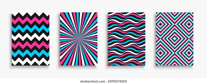 Collection of bright color posters with abstract geometric striped print. Trendy modern templates, placards, brochures, banners, flyers, backgrounds. Artistic covers, fashion retro style 80s - 90s