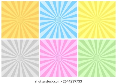 Coleção de planos de fundo listrados com cores brilhantes. Impressões radiais antigas. Padrões abstratos de arte vetorial pop para seu design e ideias. Pode ser usado como cartões, cartazes, cartazes etc