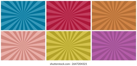 Coleção de planos de fundo listrados com cores brilhantes. Impressões radiais antigas. Abstrato vetor pop artwork padrões retrô para o seu design e ideias. Pode ser usado como cartões, cartazes, cartazes etc