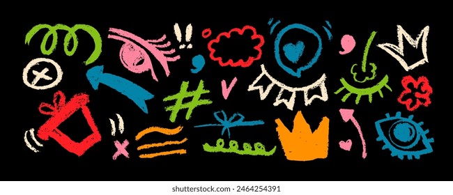 Collection bright colored  abstract geometric shapes, lines. Hand drawn pencil doodles, squiggles and scribbles in Memphis simple style.  Hand drawn  brush strokes, bold curved lines, crowns, star .