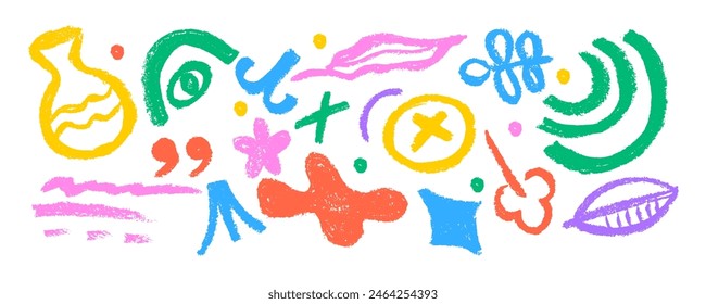 Collection bright colored  abstract geometric shapes, lines. Hand drawn pencil doodles, squiggles and scribbles in Memphis simple style.  Hand drawn  brush strokes, bold curved lines, crowns, star. 