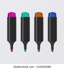 Collection of bright and colored highlighters with markings, realistic markers on transparent background, vector illustration