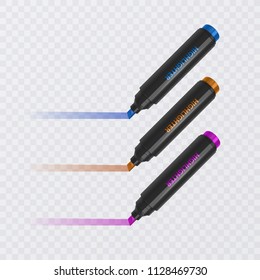 Collection of bright and colored highlighters with markings, realistic markers on transparent background, vector illustration