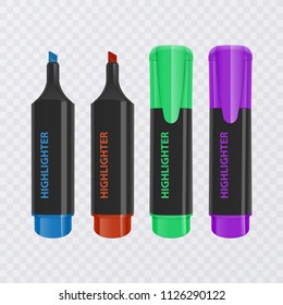 Collection of bright and colored highlighters, realistic markers on transparent background, vector illustration