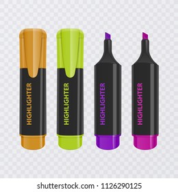 Collection of bright and colored highlighters, realistic markers on transparent background, vector illustration