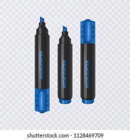 Collection of bright and colored highlighters, realistic markers on transparent background, vector illustration