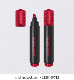 Collection of bright and colored highlighters, realistic markers on transparent background, vector illustration