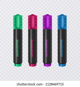 Collection of bright and colored highlighters, realistic markers on transparent background, vector illustration