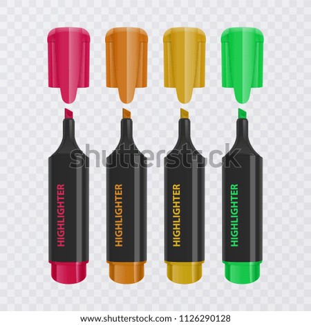 Collection of bright and colored highlighters, realistic markers on transparent background, vector illustration