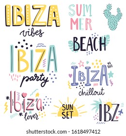 Collection of bright colored Ibiza lettering. Creative hand drawn vector illustration. Great for stickers. 