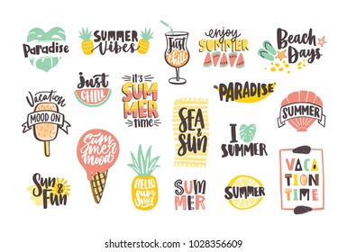 Collection of bright colored summer lettering handwritten with calligraphic fonts and decorated with tropical fruits, exotic leaves, ice cream, sun and shells. Creative hand drawn vector illustration.