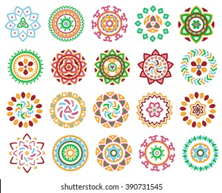 Collection of bright colorful geometric round ethnic decorative elements. Vector mandala set with bohemian, Oriental, Indian, Arabic, Aztec motifs.