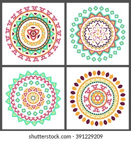 Collection of bright colorful geometric round ethnic decorative elements. Vector mandala backgrounds with bohemian, Oriental, Indian, Arabic, Aztec motifs.