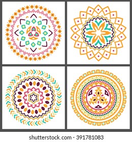 Collection of bright colorful geometric round ethnic decorative elements. Vector mandala backgrounds with bohemian, Oriental, Indian, Arabic, Aztec motifs.