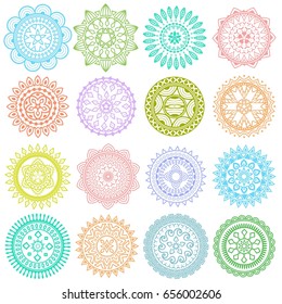 Collection of bright colorful geometric round ethnic decorative elements. Vector mandala.