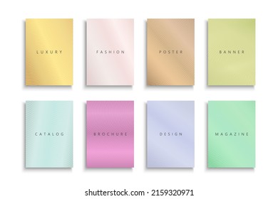 Collection of bright colorful gradient covers, templates, backgrounds, placards, brochures, banners, flyers and etc. Elegant striped posters, cards, catalogs. Fashion trendy shiny design.