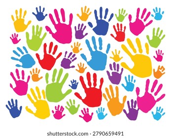 Collection of bright and colorful handprints in various sizes and solid colors isolated on white background.