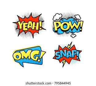 Collection of bright, colorful, multi-colored speech bubbles, with text and decorative texture. Template of clouds of different forms with messages. Vector illustration isolated.