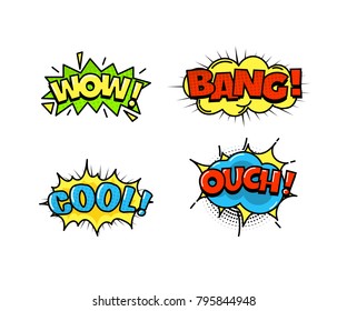 Collection of bright, colorful, multi-colored speech bubbles, with text and decorative texture. Template of clouds of different forms with messages. Vector illustration isolated.