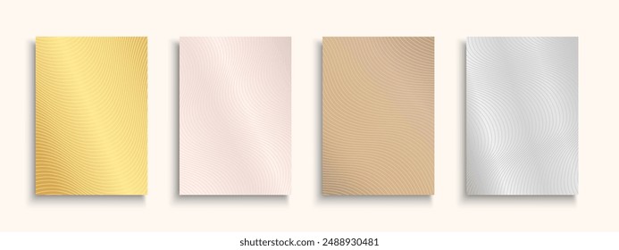 Collection of bright colorful ornamental gradient metallic covers, templates, backgrounds, placards, brochures, banners, flyers. Shiny metal striped posters, cards, catalogs. Fashion trendy design
