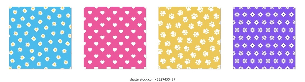 Collection of bright colorful seamless cute patterns. Beautiful delicate prints. Repeatable cartoon endless backgrounds with flowers, hearts and paws.