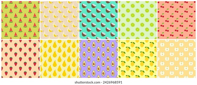 Collection of bright colorful seamless fruits geometric patterns - hand drawn cartoon design. Repeatable summer nature backgrounds. Endless creative prints. Vector illustration