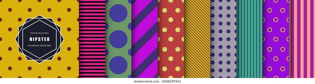 Collection of bright colorful seamless patterns. Simple geometric striped and dotted textures - repeatable fabric hipster backgrounds. Multicolor unusual design, trendy textile fun cool prints