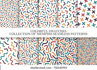 Collection of bright colorful seamless patterns. Memphis mosaic design - retro fashion style 80-90s. You can find seamless backgrounds in swatches panel.