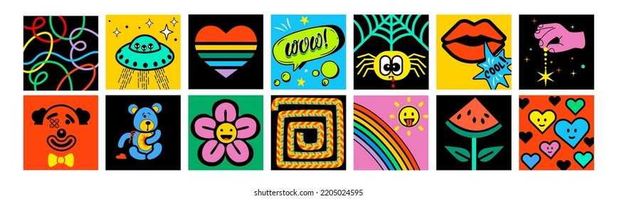 Collection of bright colors abstract comic characters elements and shapes in cartoon style. Funny cute Comic characters and abstract shapes and lines hand drawn illustrations