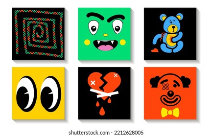 Collection of bright colors abstract comic characters elements and shapes in cartoon style. Funny cute Comic characters and abstract shapes and lines hand drawn illustrations