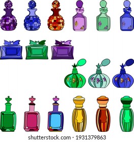 Colección de botellas de perfume de color brillante aisladas en fondo blanco. Ilustración vectorial.