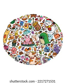 A collection of bright and cute doodles featuring household items, creatures, and food.