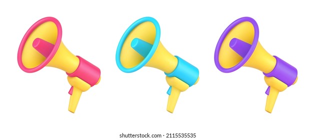 Collection bright decorative loudspeakers with handle and button for loud voice broadcasting 3d isometric vector illustration. Set of multicolored megaphone electronic device for public announcement svg