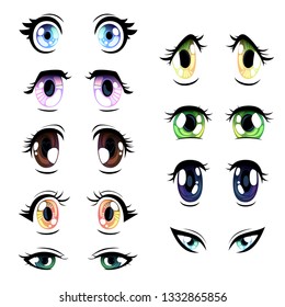 Collection of Bright Eyes of Different Colors, Beautiful Eyes with Light Reflections Manga Japanese Style Vector Illustration