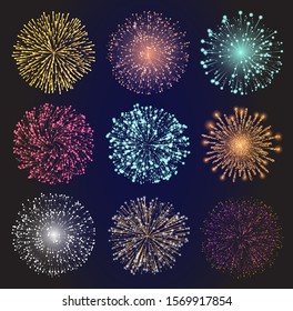 Collection of bright fireworks. Set of pyrotechnics for celebration of holidays and parties. Decor for cards designs and web. Festivals and carnivals effects at night sky. Vector in flat style