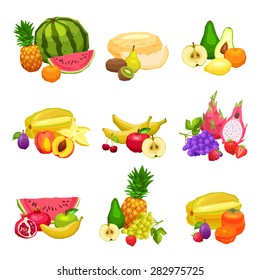Collection Of Bright Flat Fresh Fruits, Still Life Illustrations Of Fruits, Healthy And Vegetarian Food Concept