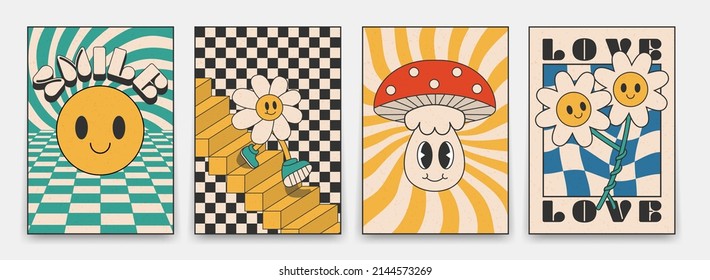 Collection of bright groovy posters 70s. Retro poster with psychedelic flowers and mushrooms, vintage prints with grunge texture
