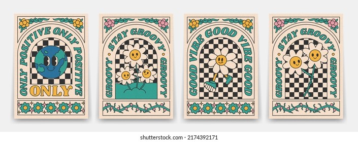 Colección de afiches brillantes de los años 70. Afiche retro con flores psicodélicas y planeta tierra, huellas vintage, aislado