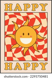 Collection of bright groovy posters 70s. Retro poster with psychedelic flowers and mushrooms, smile face, sun, happy summer or spring. Vintage prints with grunge texture 