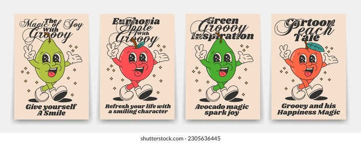 Collection of bright groovy posters 70s. Retro poster with funny cartoon walking characters in the form of fruits and poisons, Apple, avocado, peach and pear. Vintage prints, isolated