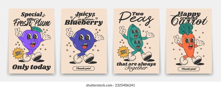 Collection of bright groovy posters 70s. Retro poster with funny cartoon walking characters in the form of fruits and poisons, peas, blueberries, carrots and plums. Vintage prints, isolated