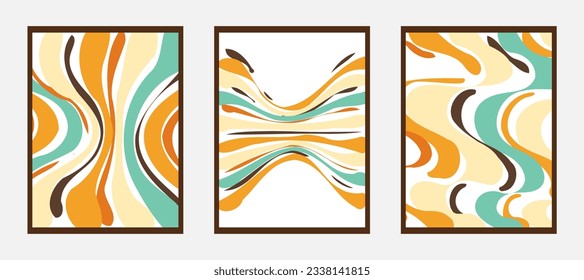 Collection of bright groovy posters 70s. Modern Retro Liquid Swirl Abstract Pattern Orange Mustard Blue Poster, isolated. For cover book wall decorarion wallpaper 