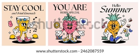 Collection of bright groovy posters 70s. Retro poster with funny cartoon walking characters in the form of fruits, Lemon, Strawberry and Pineapple. Vintage prints. Vector illustration